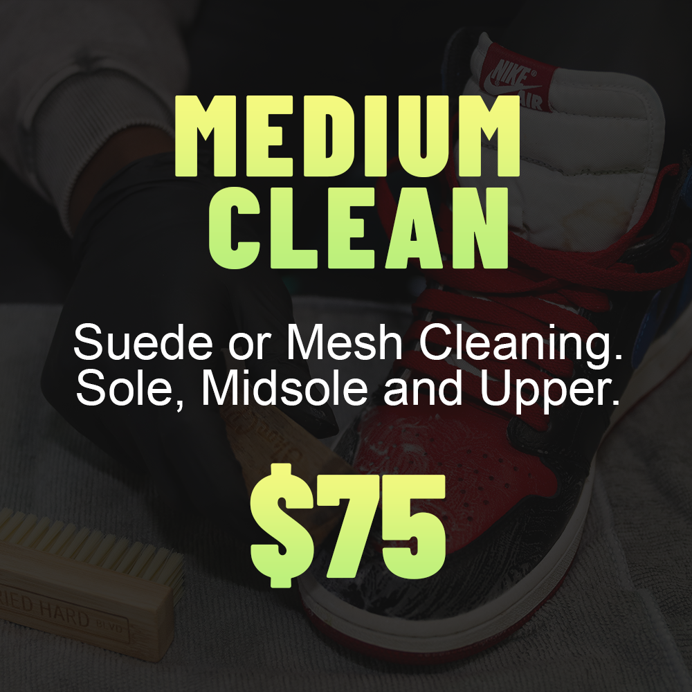 Medium Clean' sneaker service menu for $75, specifically for suede or mesh cleaning of the sole, midsole, and upper.