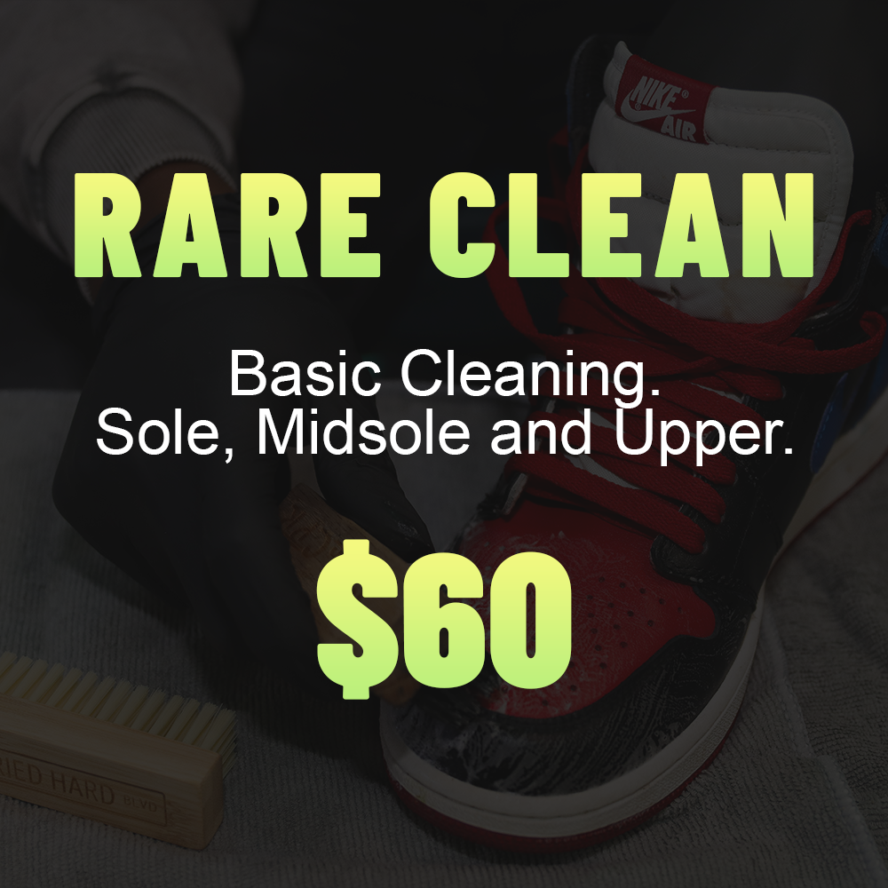 Rare Clean' basic sneaker cleaning menu for $60, covering the sole, midsole, and upper.