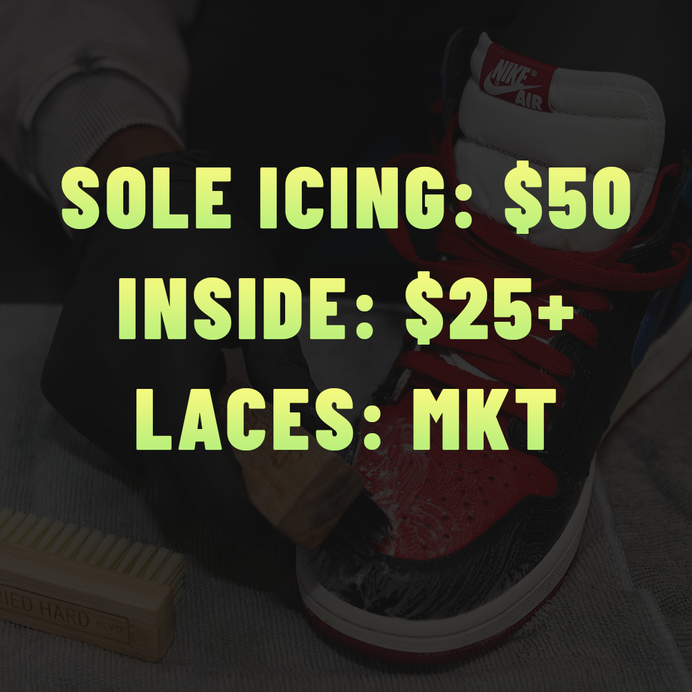 Sneaker service add-ons menu showing pricing for Sole Icing at $50, Inside cleaning at $25 plus, and Laces at market price.