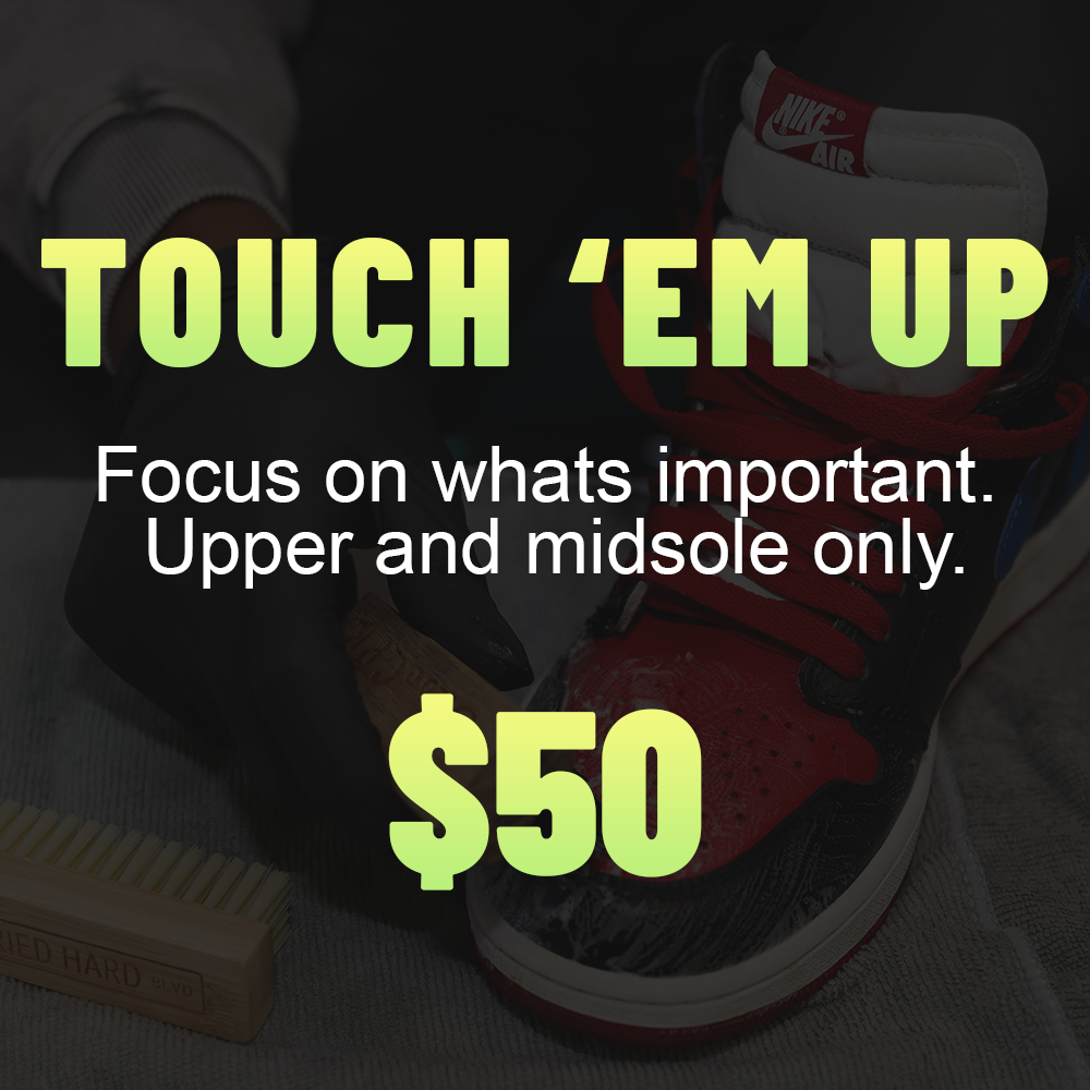 Sneaker cleaning service menu for 'Touch 'Em Up' at $50, focusing on upper and midsole only.
